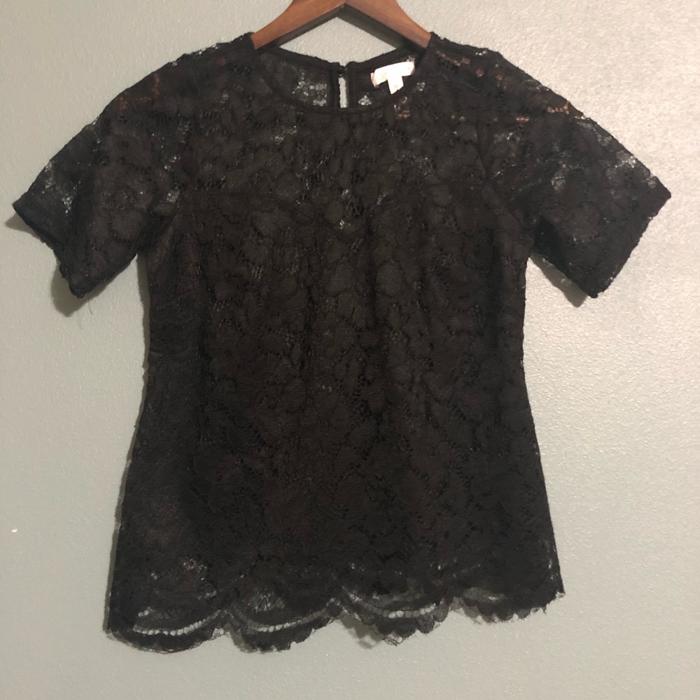 Leith Black Lace Top with Scalloped Hem - Size XXS
